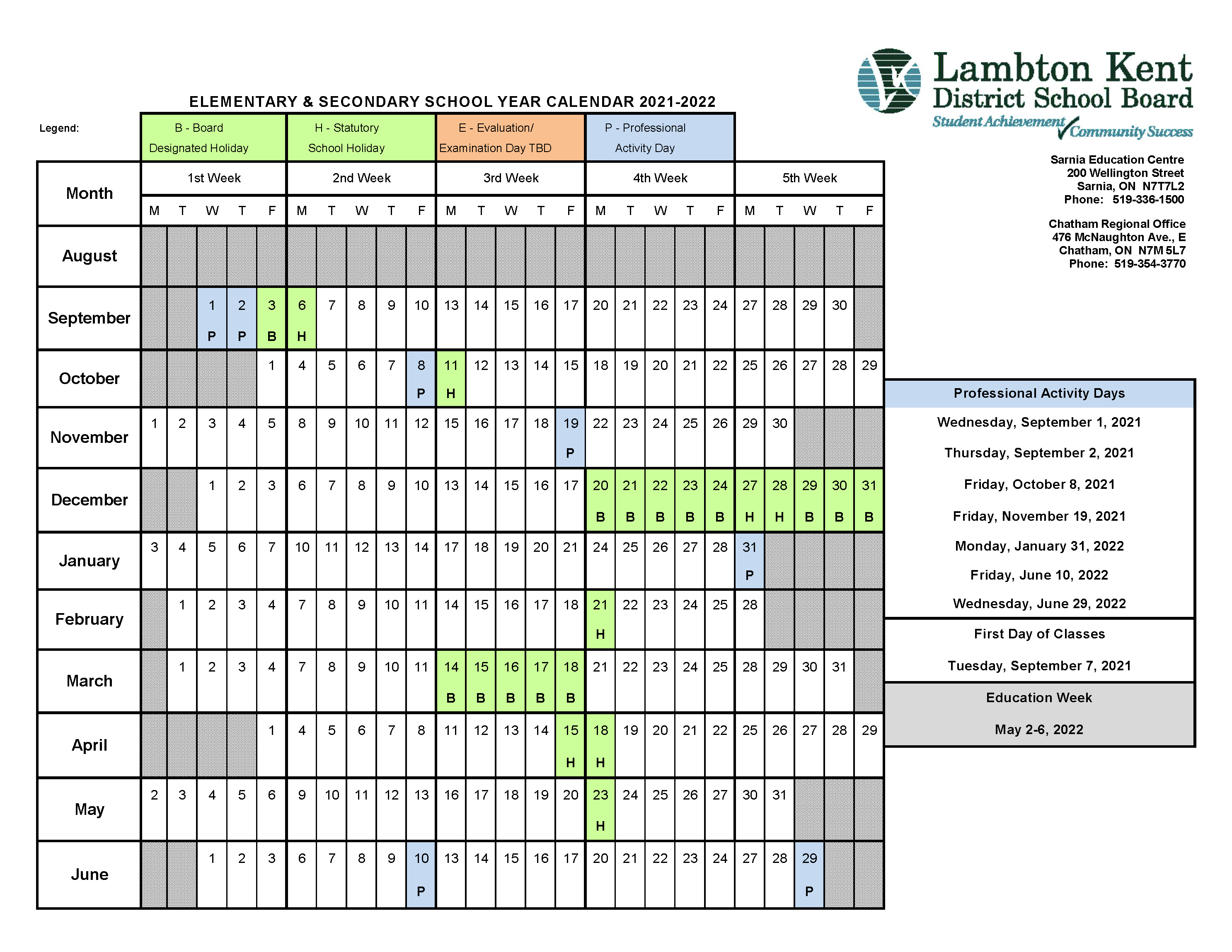 Pps 2022 2023 Calendar Elementary Calendar - Lambton Kent District School Board